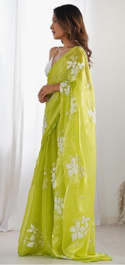 Flosive Women's Shimmer Organza Sequence Embroidery Saree