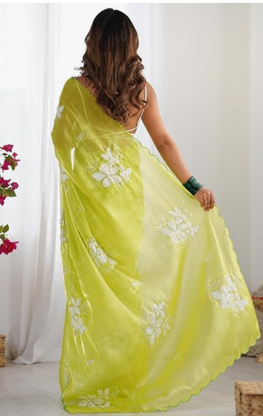 Flosive Women's Shimmer Organza Sequence Embroidery Saree